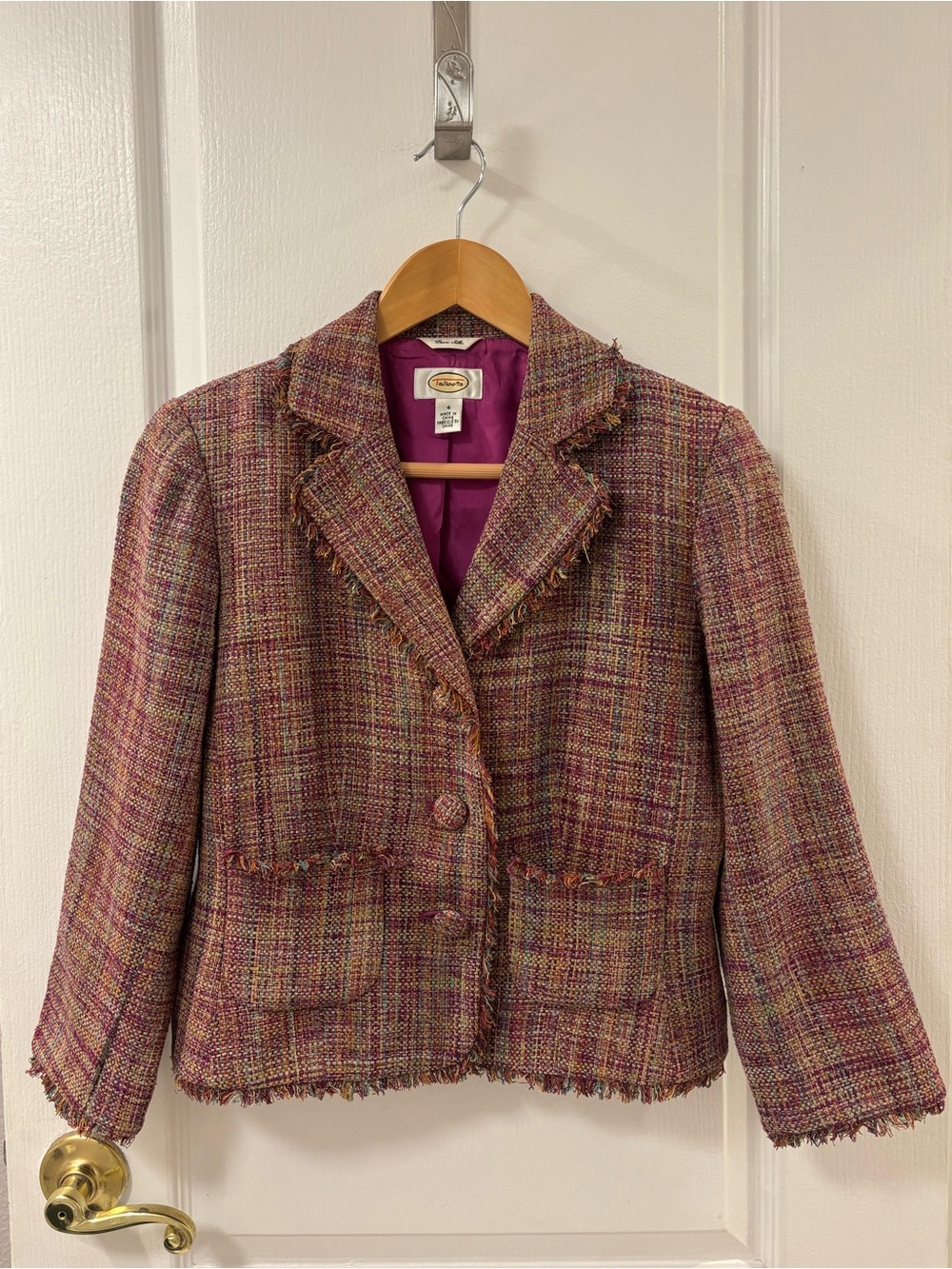 Vintage Silk Tweed Fringe Trim Multicolor Talbots Blazer Shoulder Pads Office 4